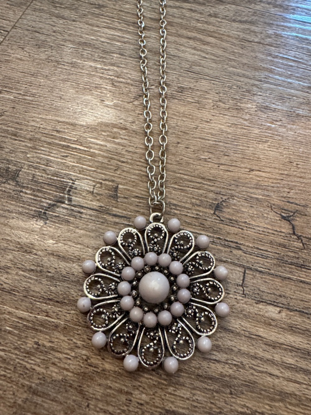 Floral Filigree Pendant Necklace in Soft Pink Beads